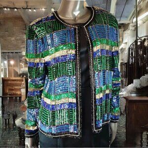 Peacock Colors Beaded Sequin Evening Jacket 100% Silk Silver Cocktail Event SZ L